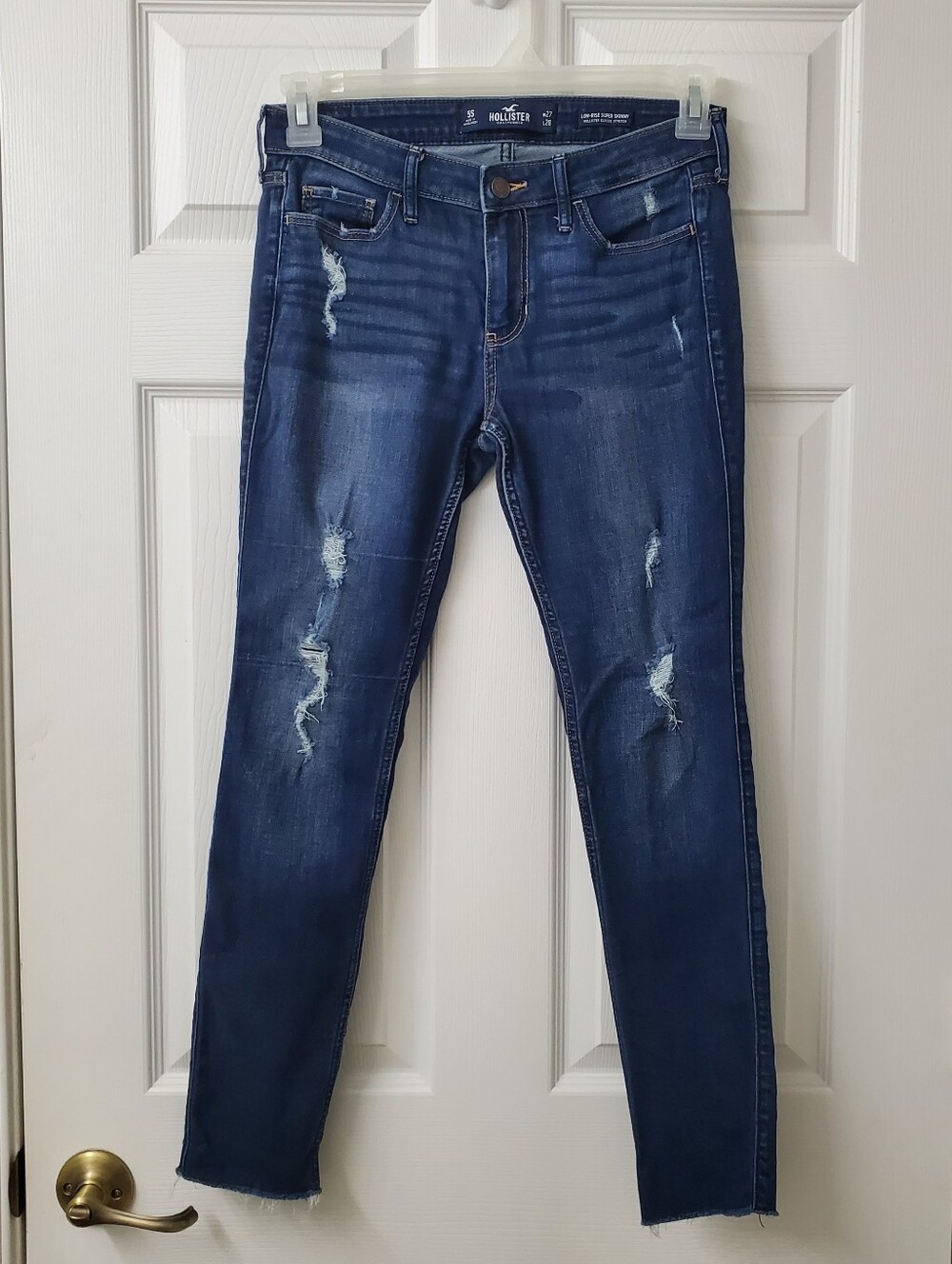 Hollister Dark Indigo Ripped Women's Super Low Rise Skinny Jeans W/ Fray Hem 5S